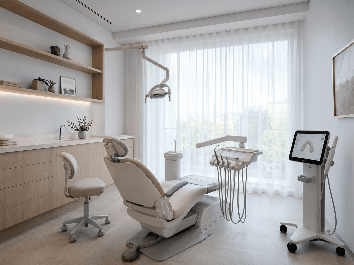 Sala de tratamiento de Clínica Dental Arosa con sillón en tonos crema, mobiliario en madera clara y luz natural difusa