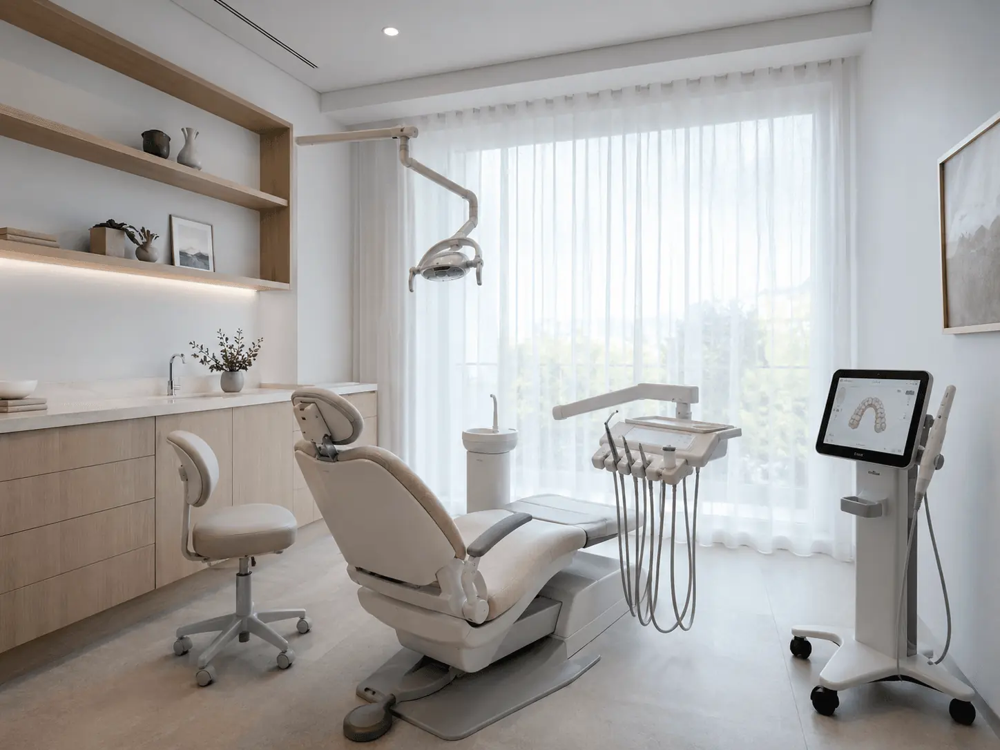 Sala de tratamiento de Clínica Dental Arosa con sillón en tonos crema, mobiliario en madera clara y luz natural difusa