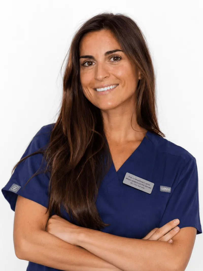 Retrato profesional de la Dra. Rocío Izquierdo Orts, especialista en cirugía oral e implantes, con uniforme clínico azul