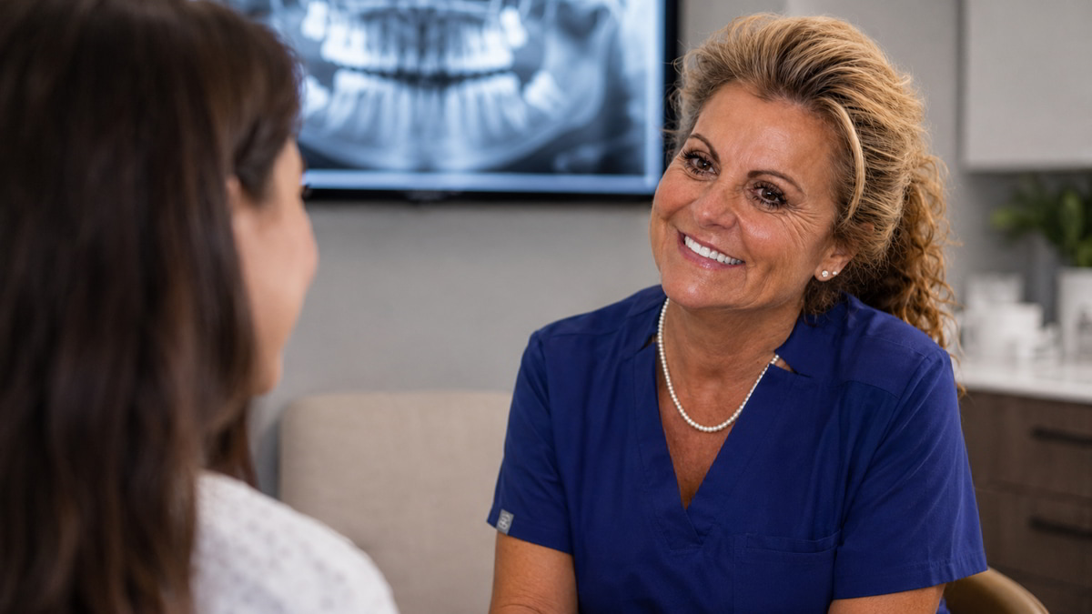 Dra. Mª Teresa Orts atendiendo a una paciente en la Clínica Dental Arosa de Peñagrande