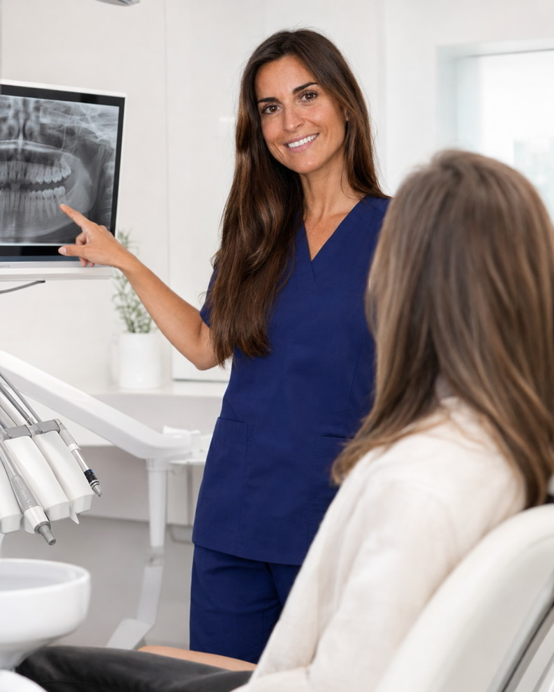 Doctora explicando un tratamiento de implantes dentales a una paciente en Peñagrande